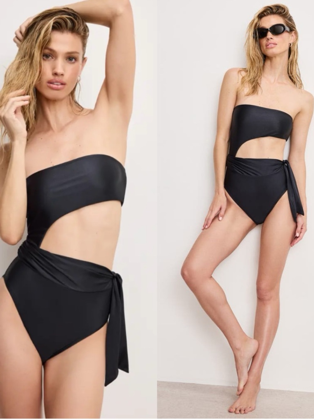 GOOD AMERICAN Black Strapless Cutout One-Piece Side Tie Swimsuit Bikini